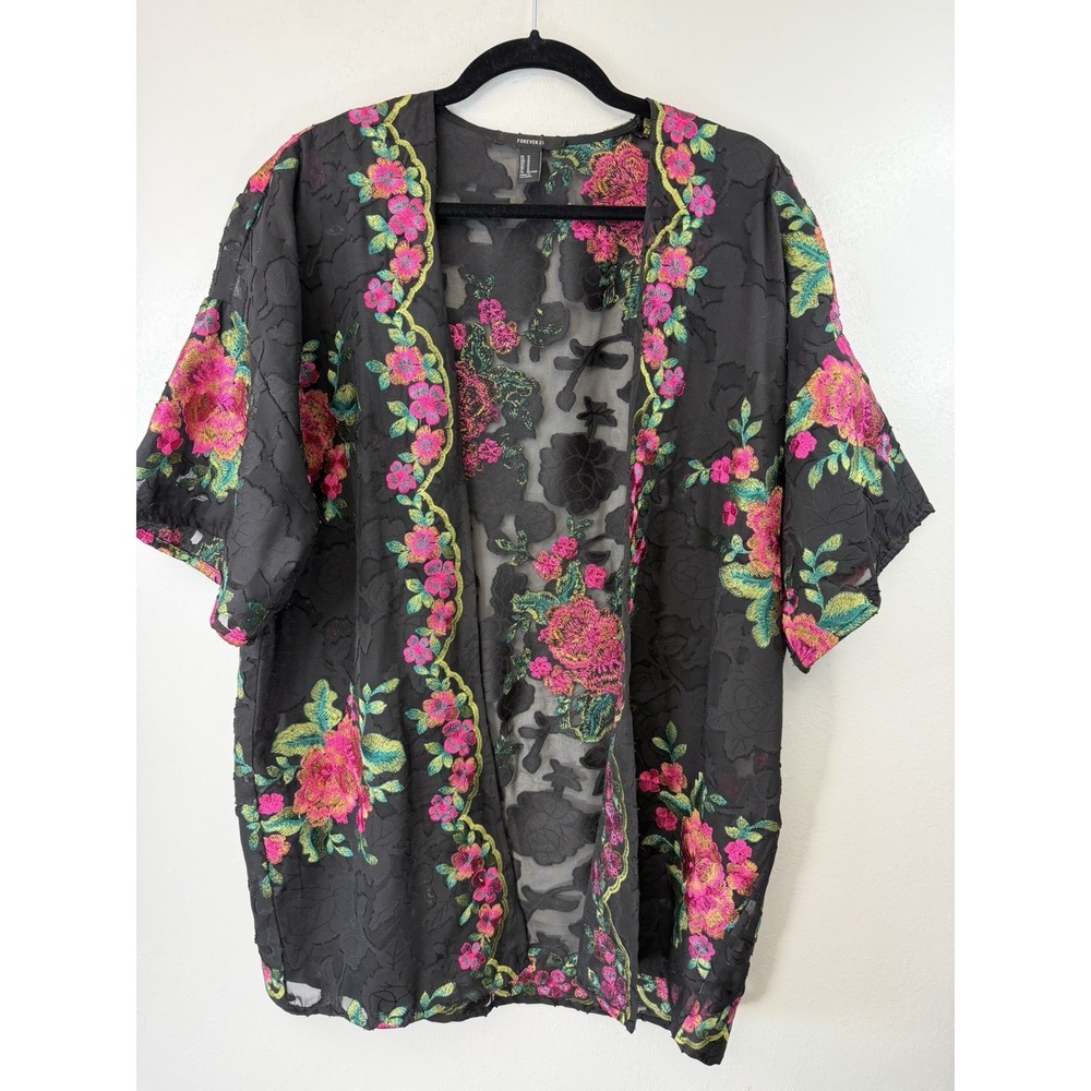 Forever 21 Black Open Front Kimono W Bright Embroidered Flowers Size M